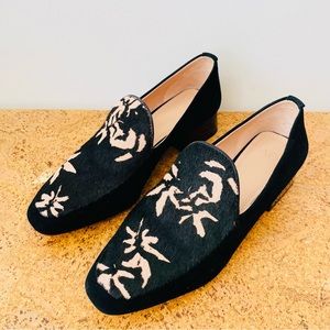 Anthropologie AD & Daughters Greyan Calf Hair Loafer Shoes Black Floral 7 New